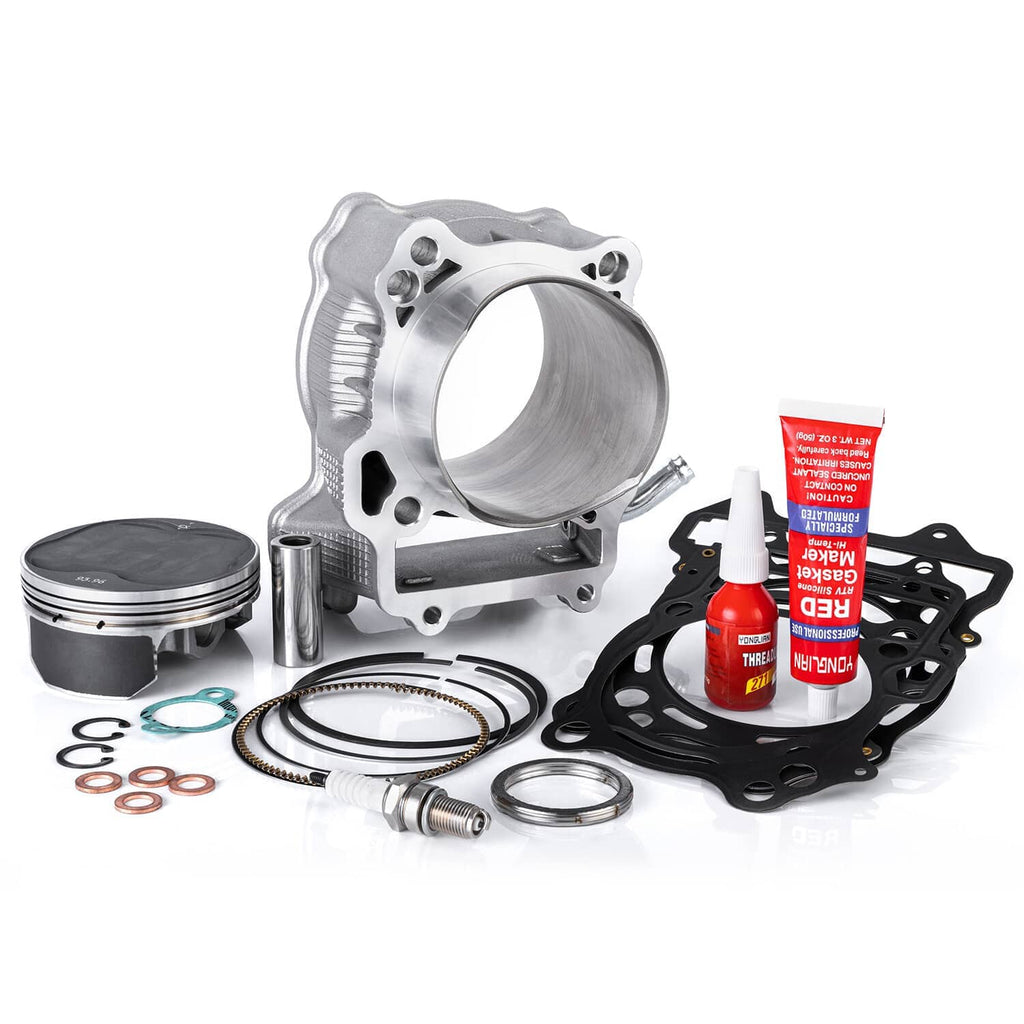 Engine cylinder and piston assembly with gasket set, rings, and spark plug