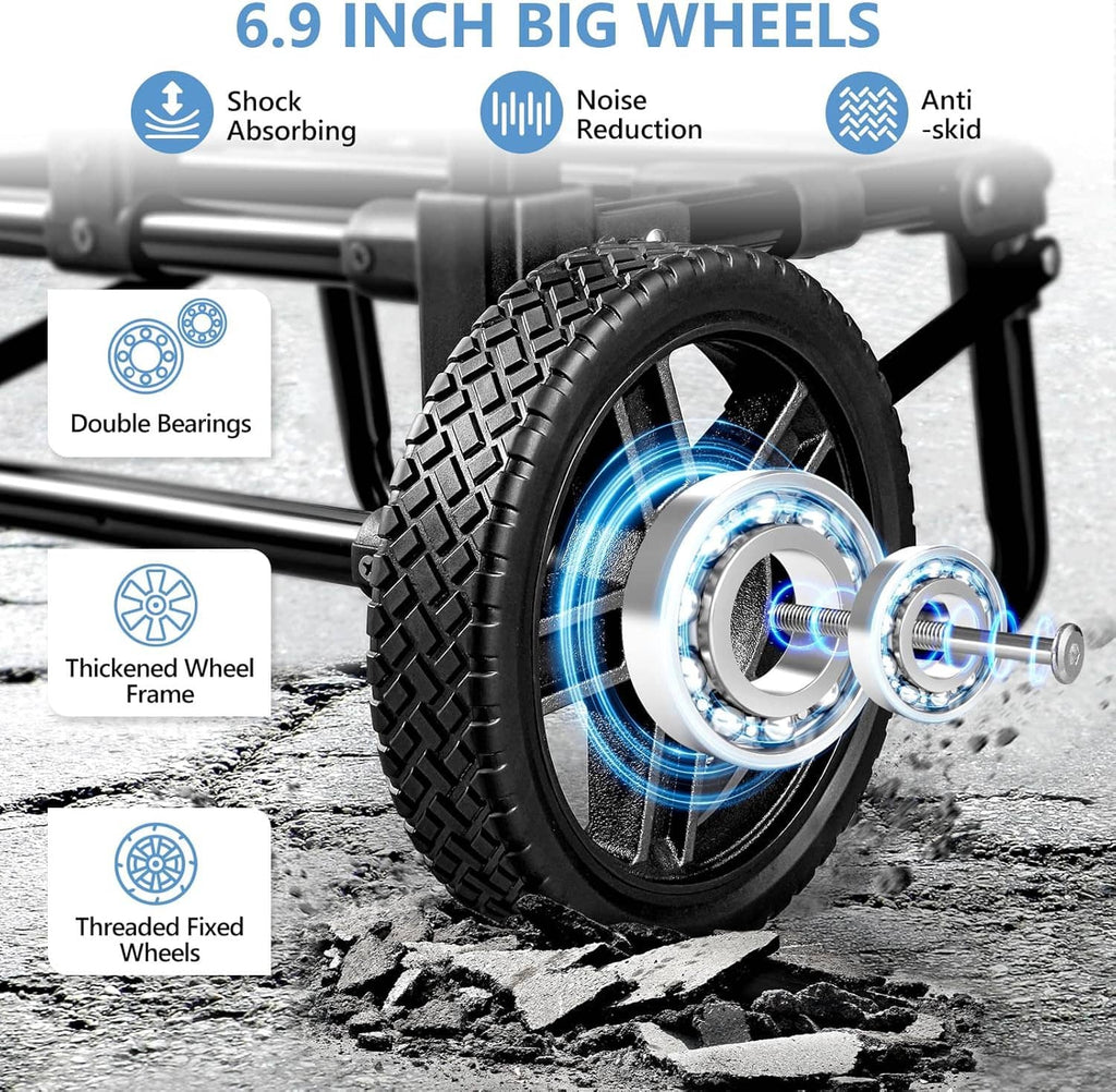 Blue shopping cart with thick tread wheels and shock-absorbing double bearings