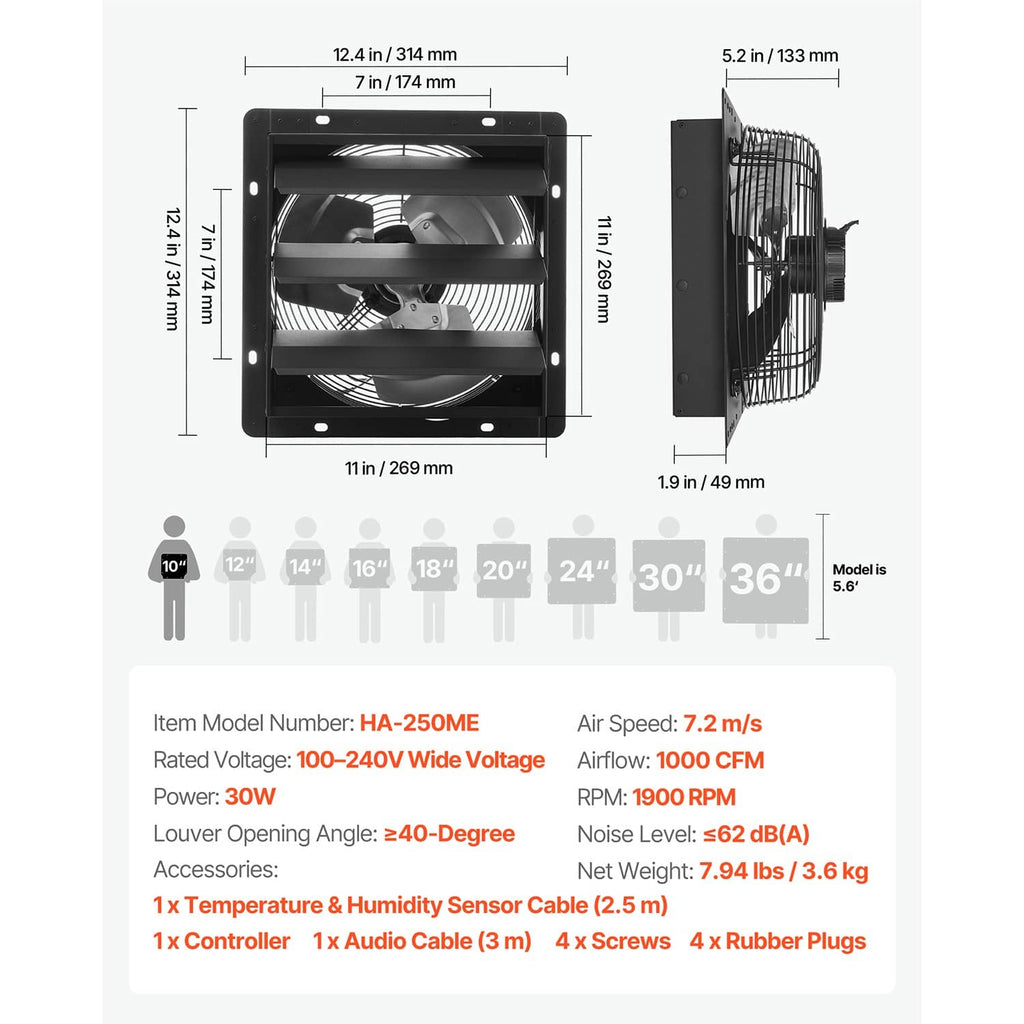 Wall-mount shutter exhaust fan dimension diagram with front and side views