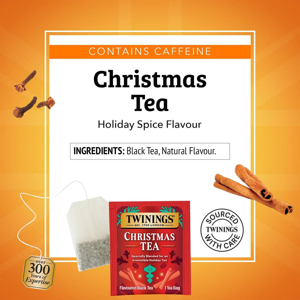 Twinings Christmas Tea carton front panel: Contains caffeine and holiday spice flavour details.