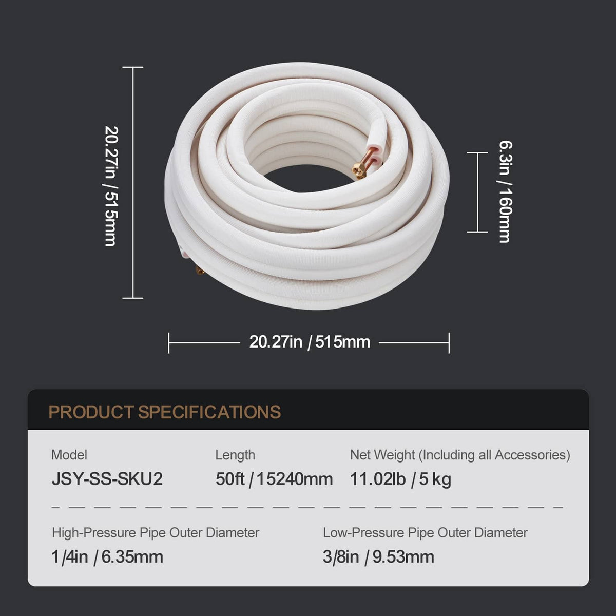 Insulated mini-split line set coil with copper fittings and shown 50 ft dimensions
