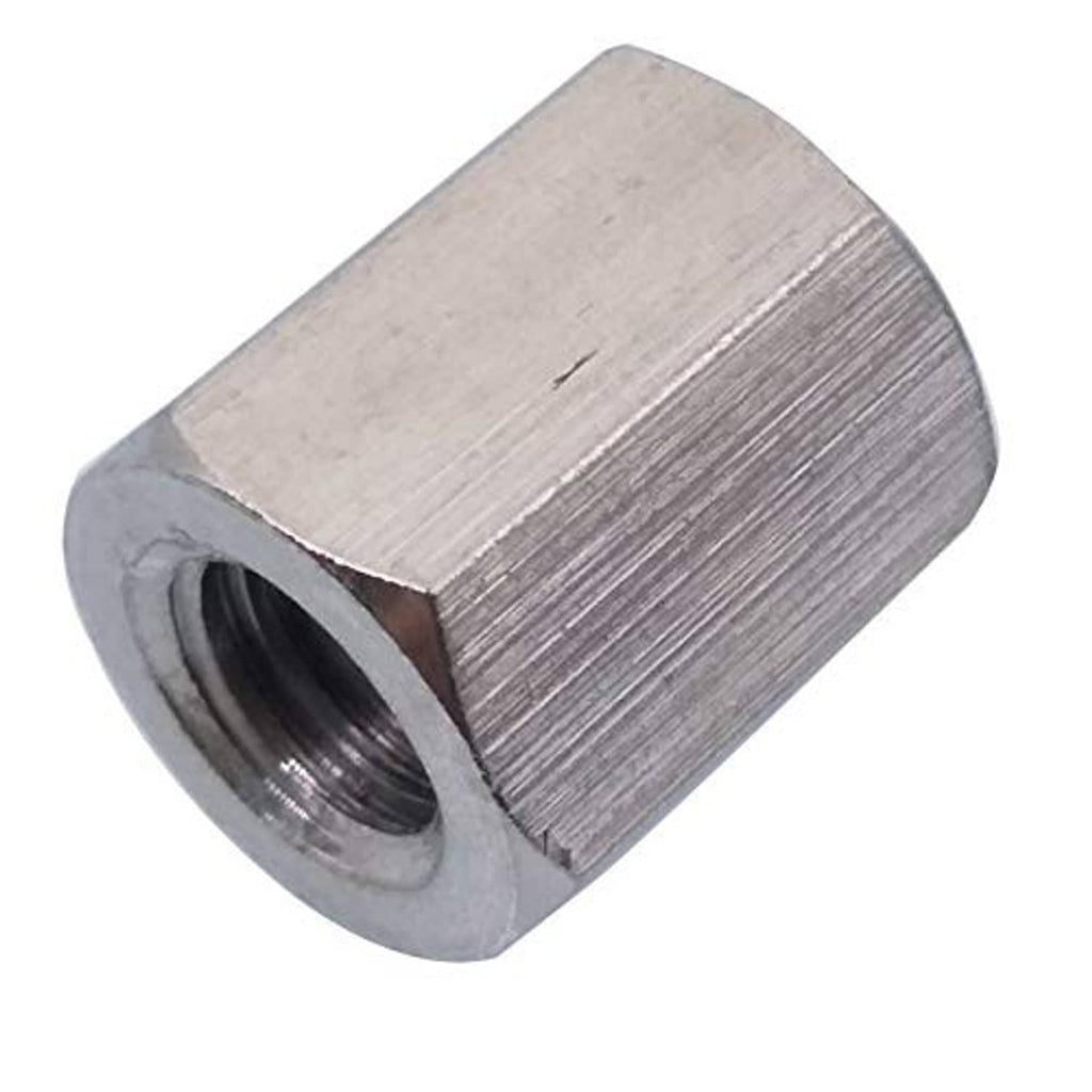 Stainless steel hex coupling connector close-up with internal threaded hole