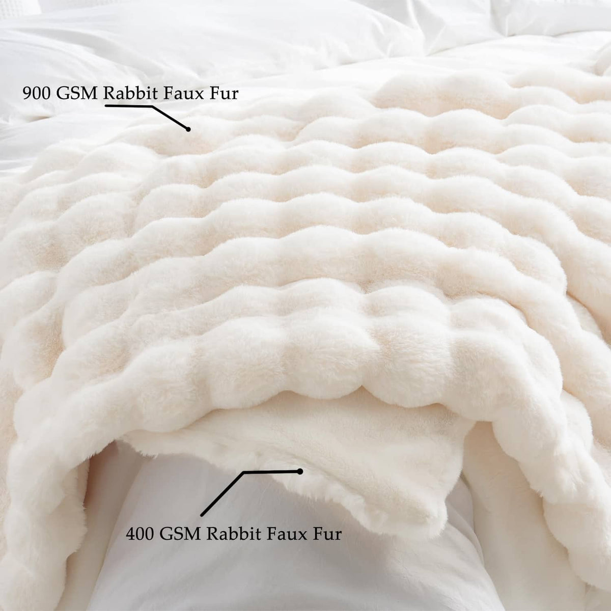 Cream faux fur throw blanket with layered quilted fur texture