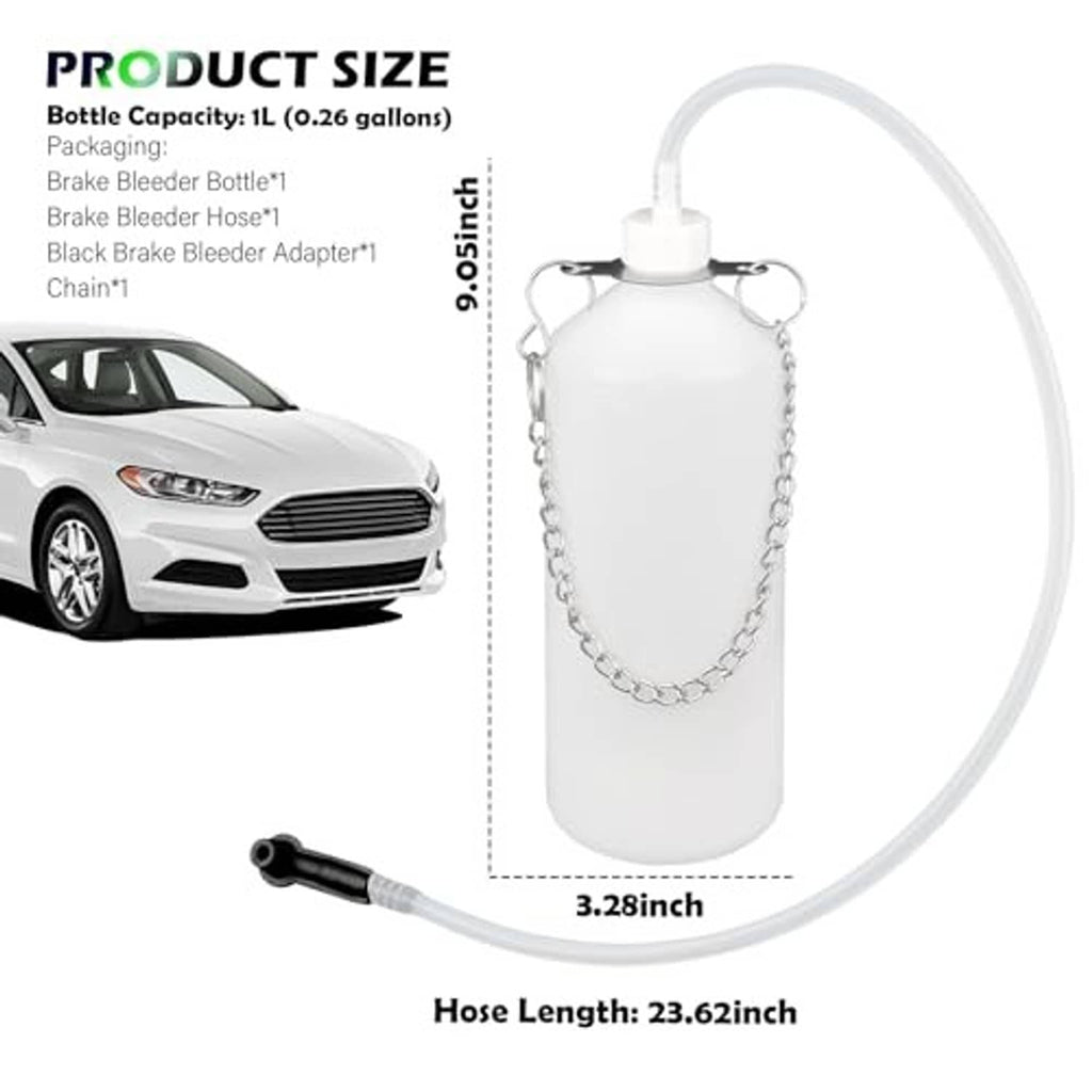 Brake bleeder bottle kit with white bottle and long clear hose, with hanging chain