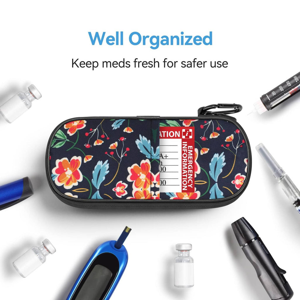 Floral insulated insulin cooler case with zipper, slim oval design