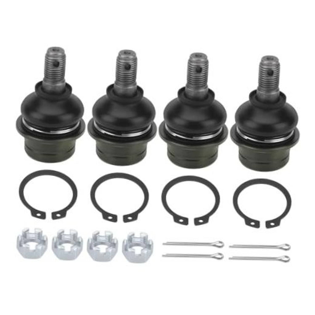 4-piece front A-arm ball joint set with rubber boots, retaining clips, and mounting hardware