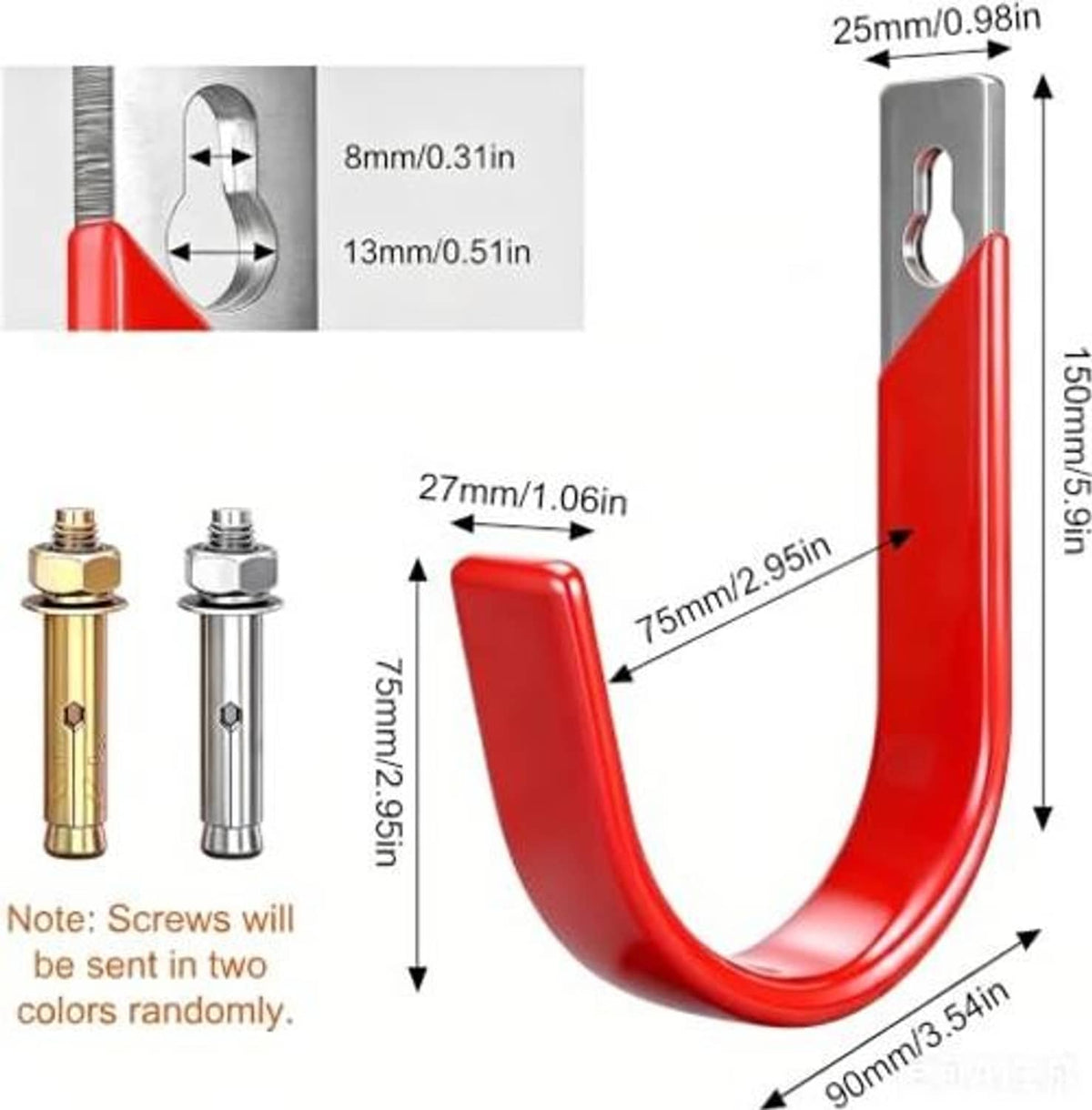 Red U-shaped garage wall hook with metal oval plate and mounting screws, detailed view