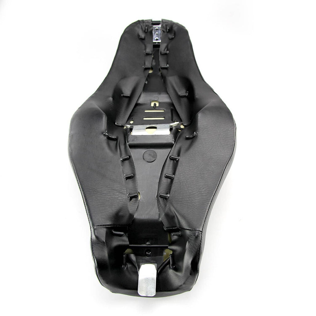 Black motorcycle seat base underside with mounting brackets and strap positions