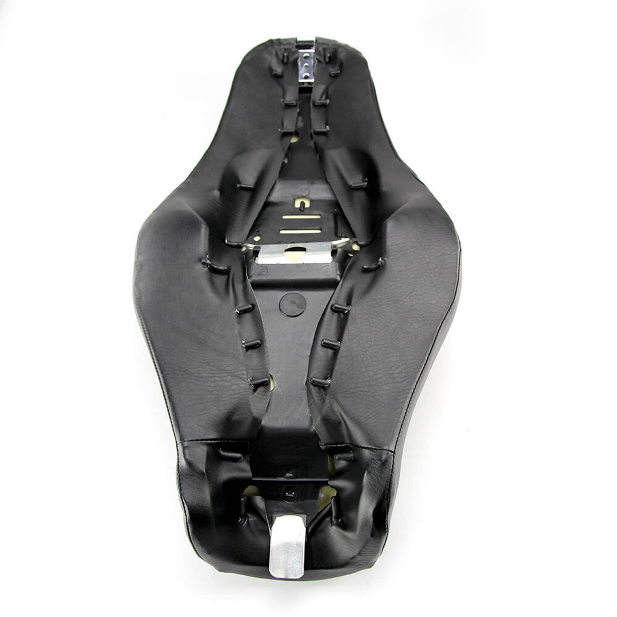 Black motorcycle seat base underside with mounting brackets and strap positions