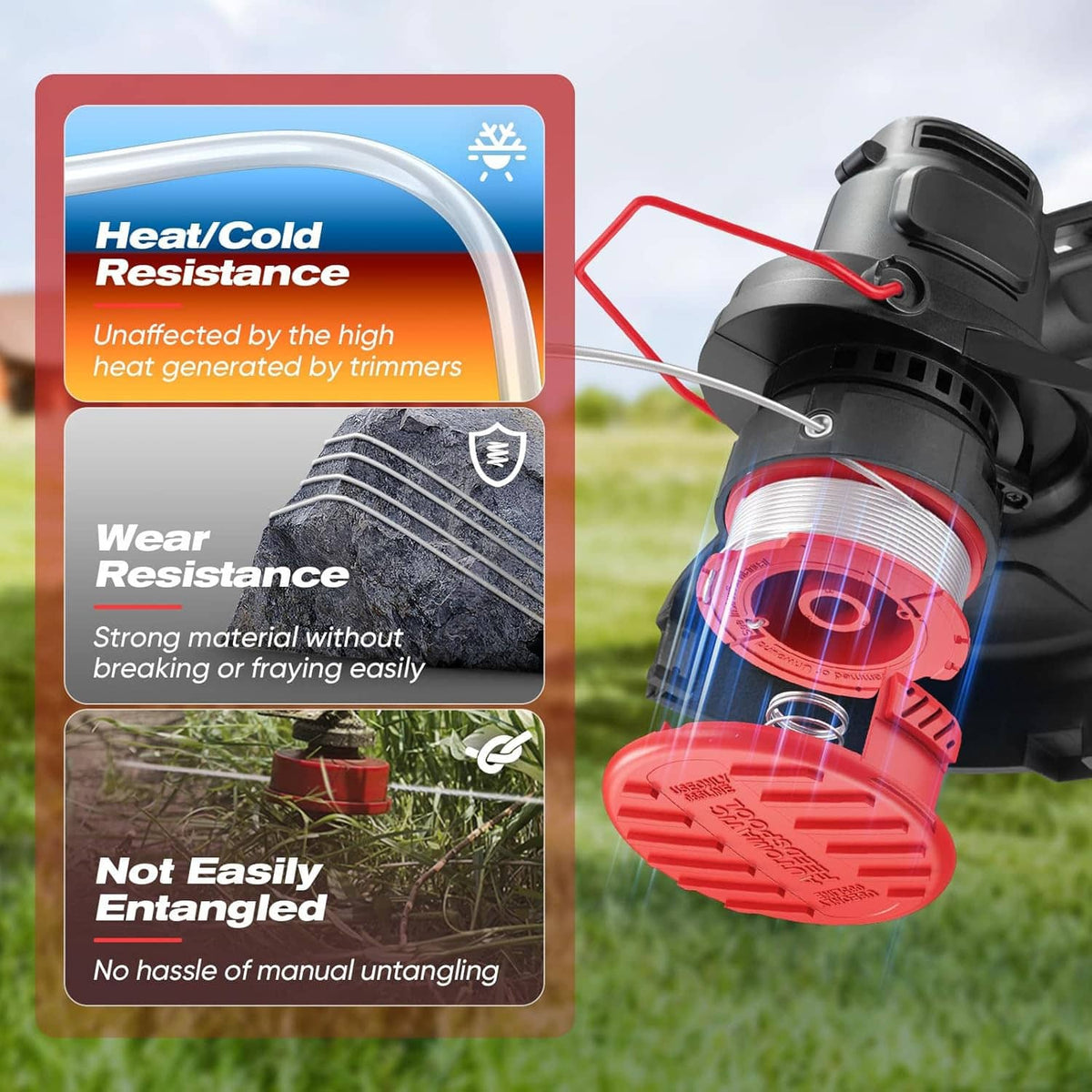 Red weed wacker spool with white trimmer line feeding into black trimmer head
