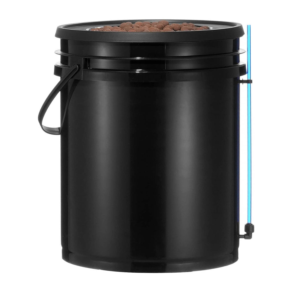 Black hydroponic deep water culture grow bucket with lid, handle, and top access
