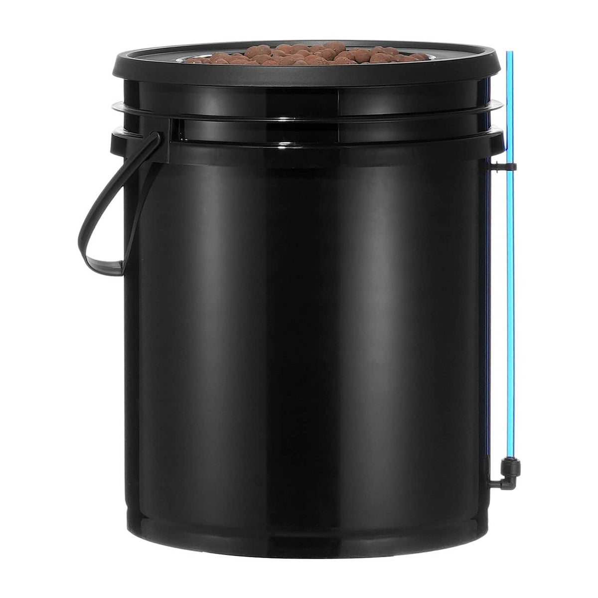 Black hydroponic deep water culture grow bucket with lid, handle, and top access