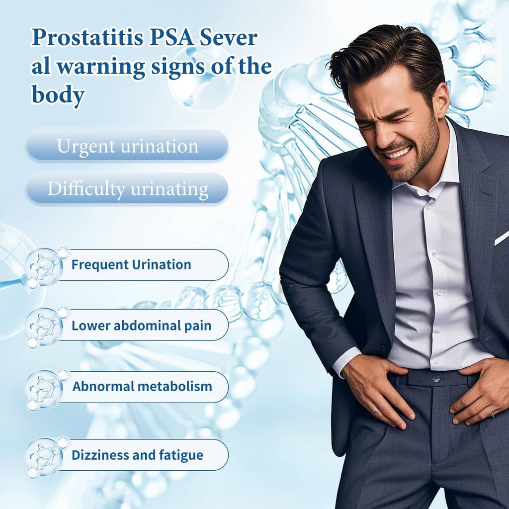 Prostate PSA test information poster with symptom list and highlighted warning signs