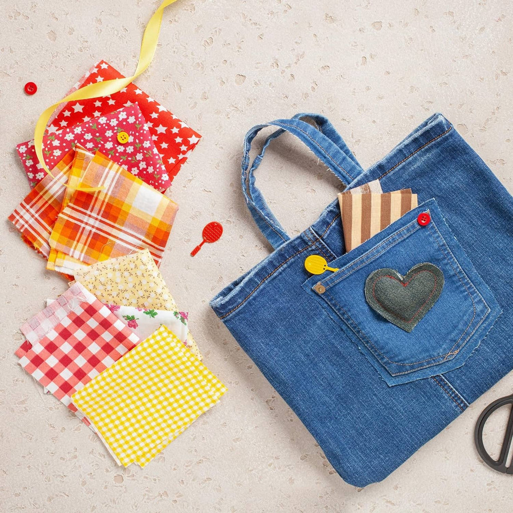 Mixed fabric squares and denim tote bag with heart patch