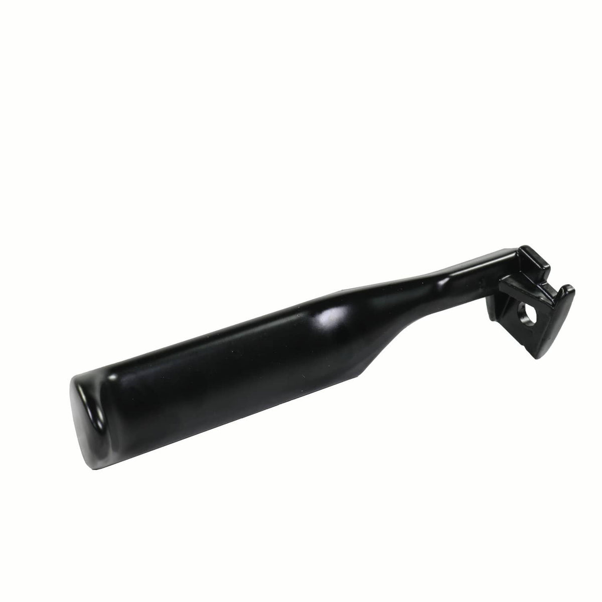 Black metal inside door handle with mounting bracket, right side view