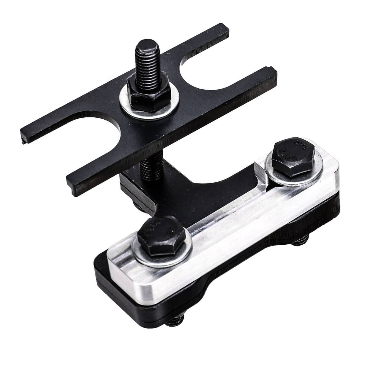 Black metal valve spring compressor tool with silver base and threaded clamp