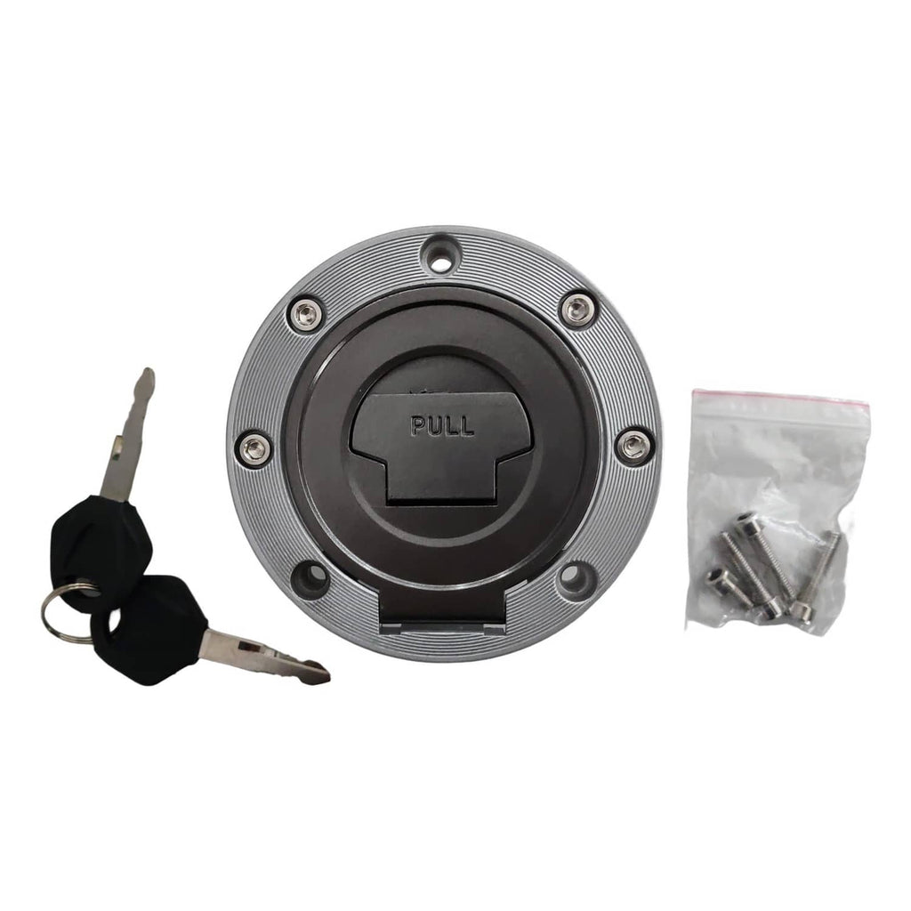Fuel tank cap cover, round metal with pull slot, includes keys and fastener bag