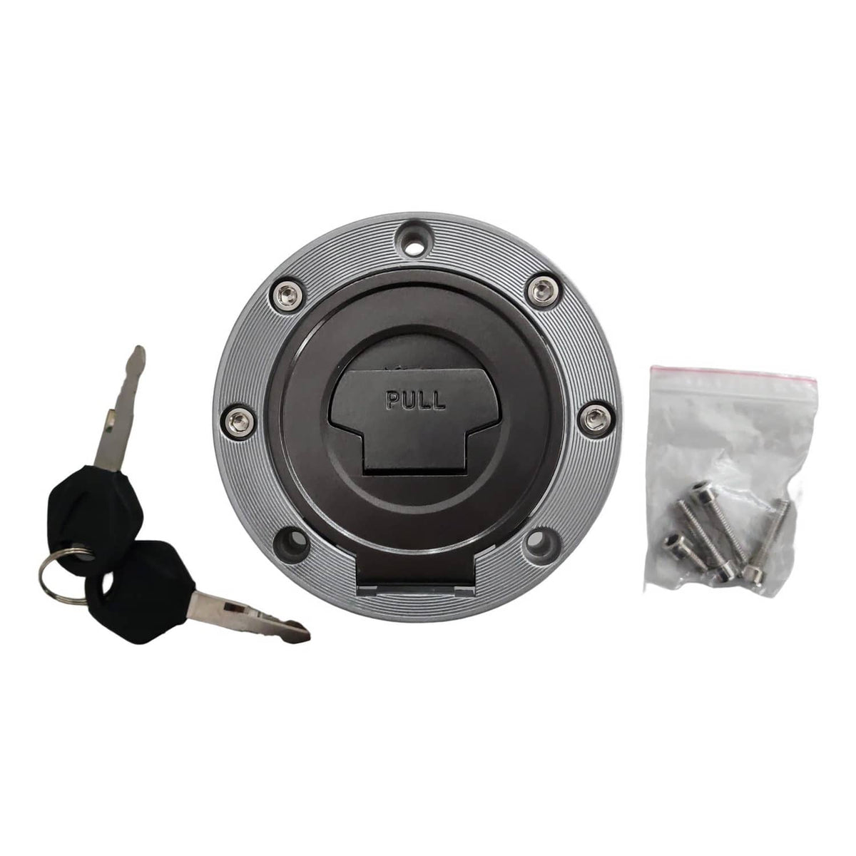 Fuel tank cap cover, round metal with pull slot, includes keys and fastener bag