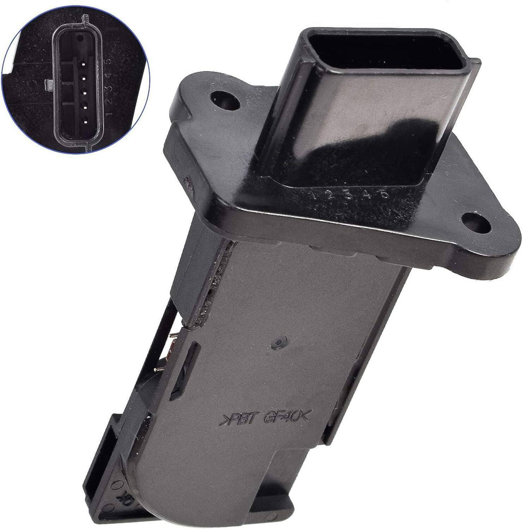 Black mass air flow sensor meter with exposed connector pins and mounting holes