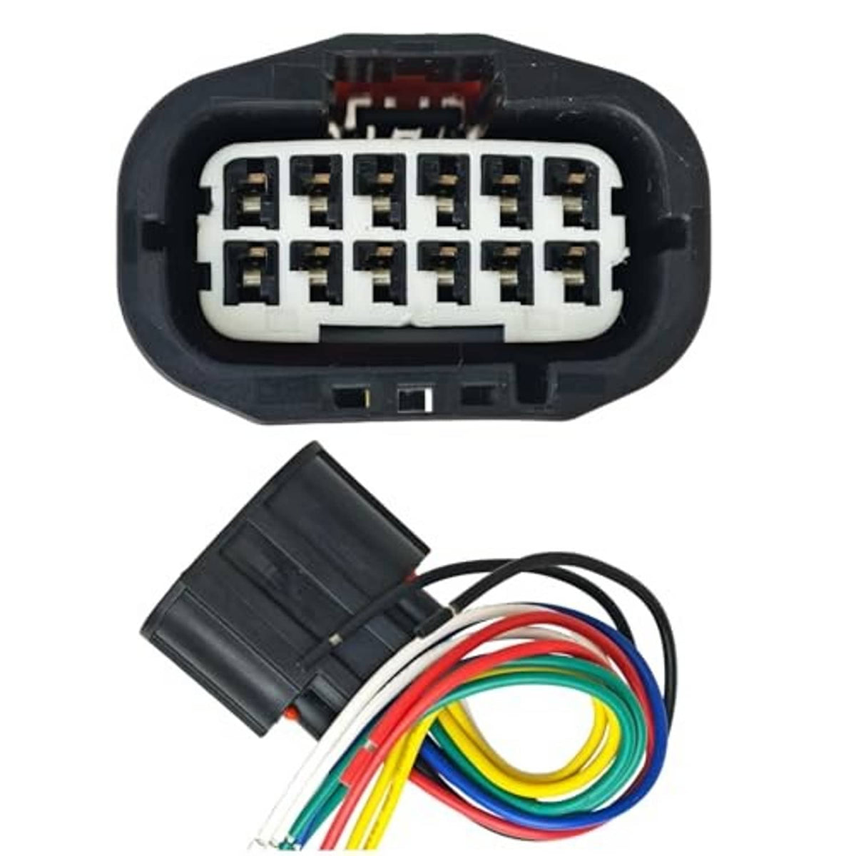 12-wire headlight connector pigtail with black housing and multicolor wire leads
