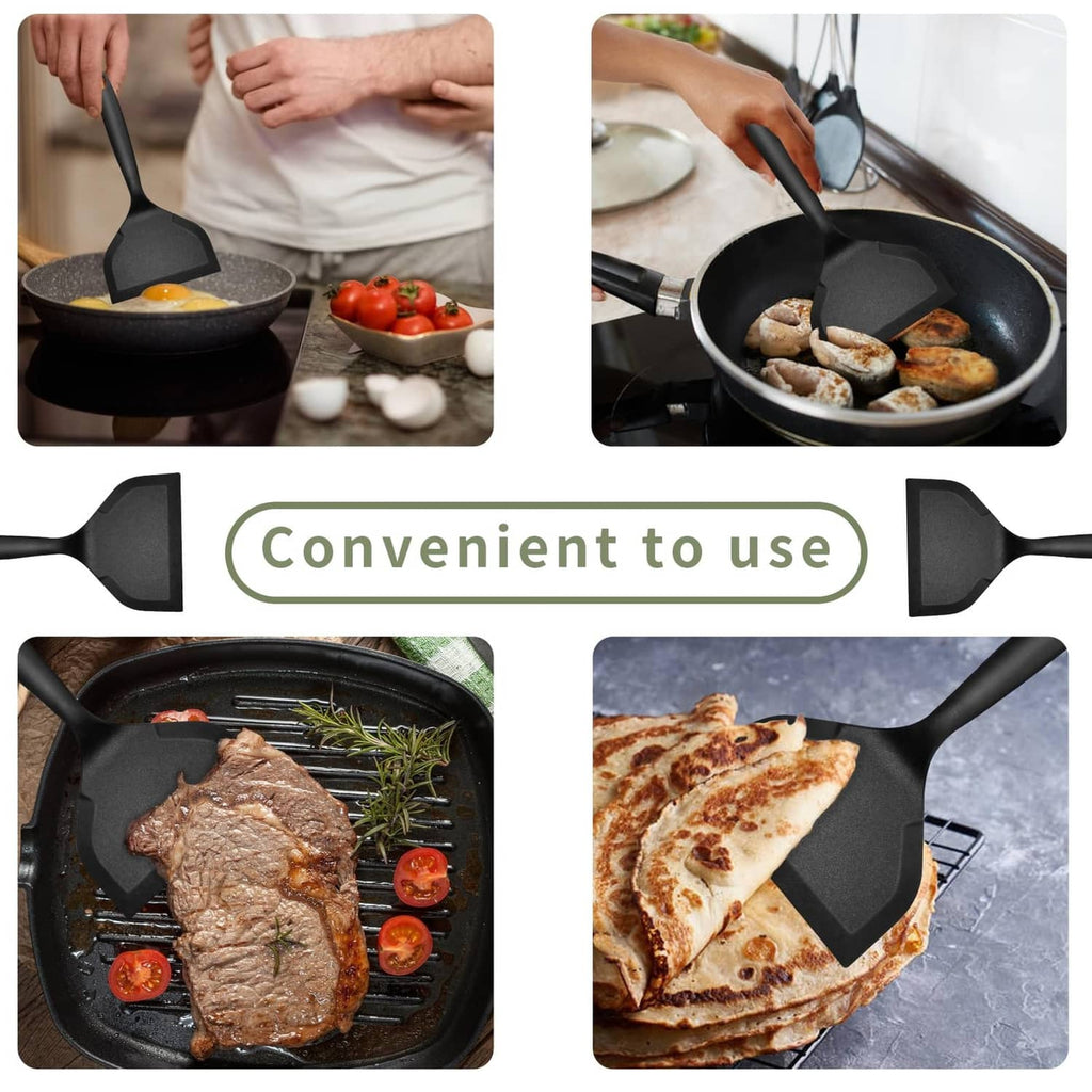 Black silicone pancake flipper using in skillet to lift cooked food