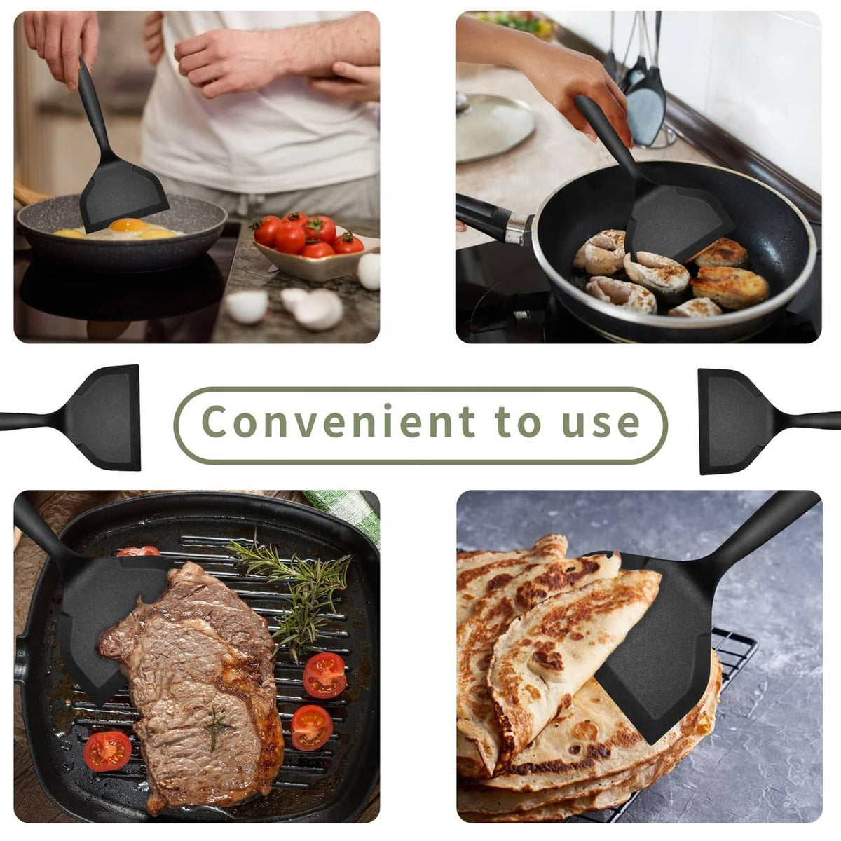 Black silicone pancake flipper using in skillet to lift cooked food