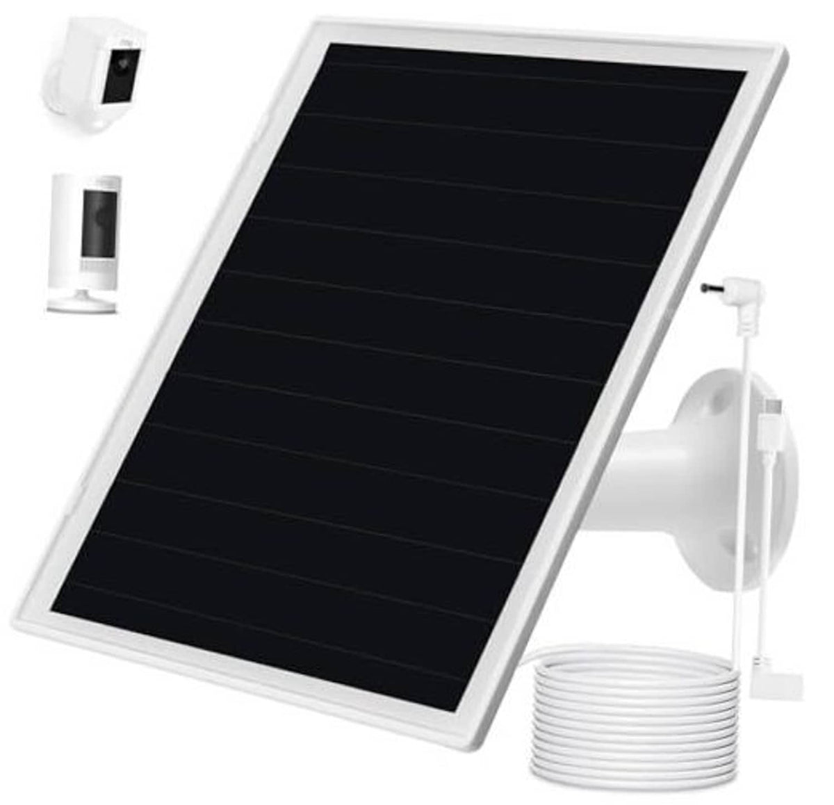 Solar panel charger with white frame and black photovoltaic panel, wall mount included