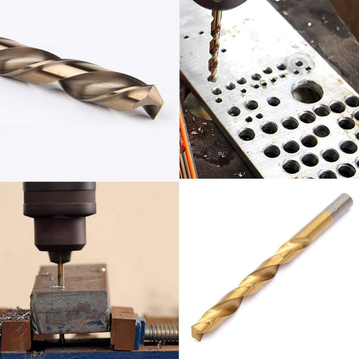 Cobalt gold spiral drill bits with sharp cutting tips, shown drilling material surfaces