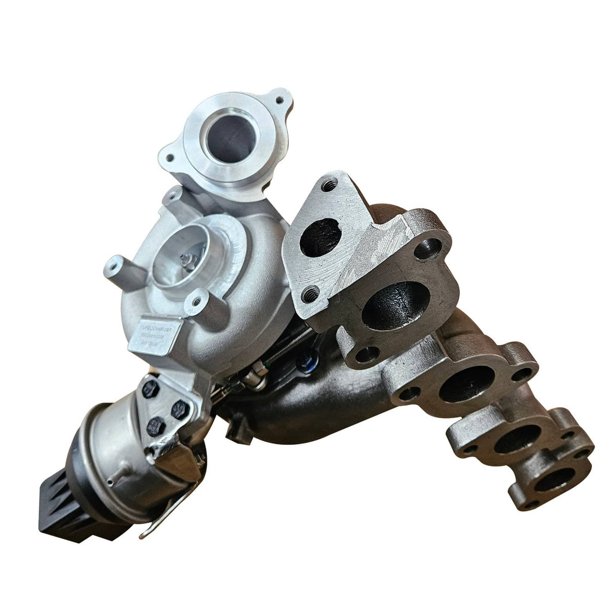 Turbocharger with silver compressor housing and dark turbine side, angled view