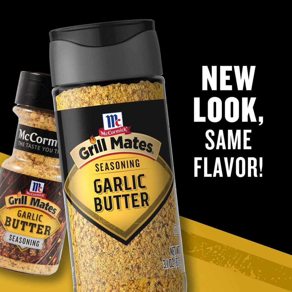 Garlic butter seasoning bottles with Grill Mates label and dark caps