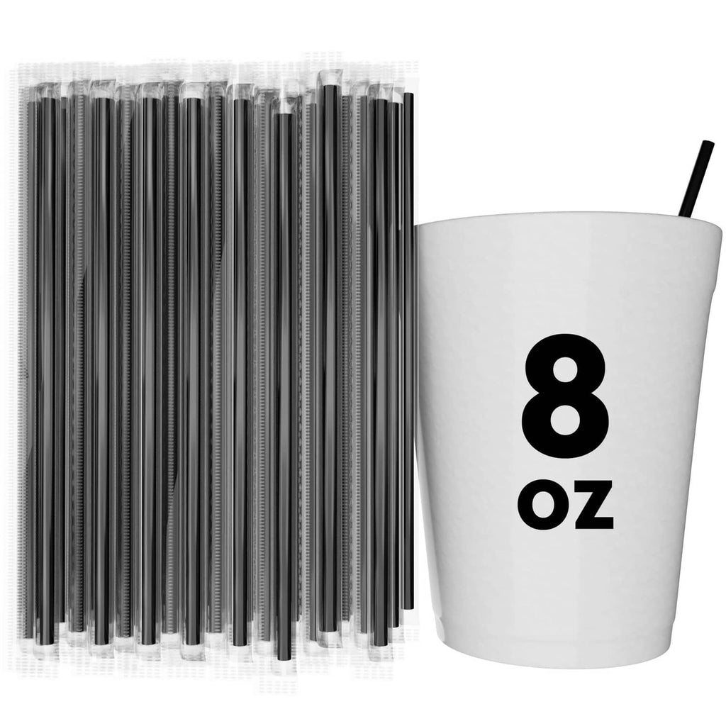Pack of black coffee stirrers with an 8 oz white disposable cup