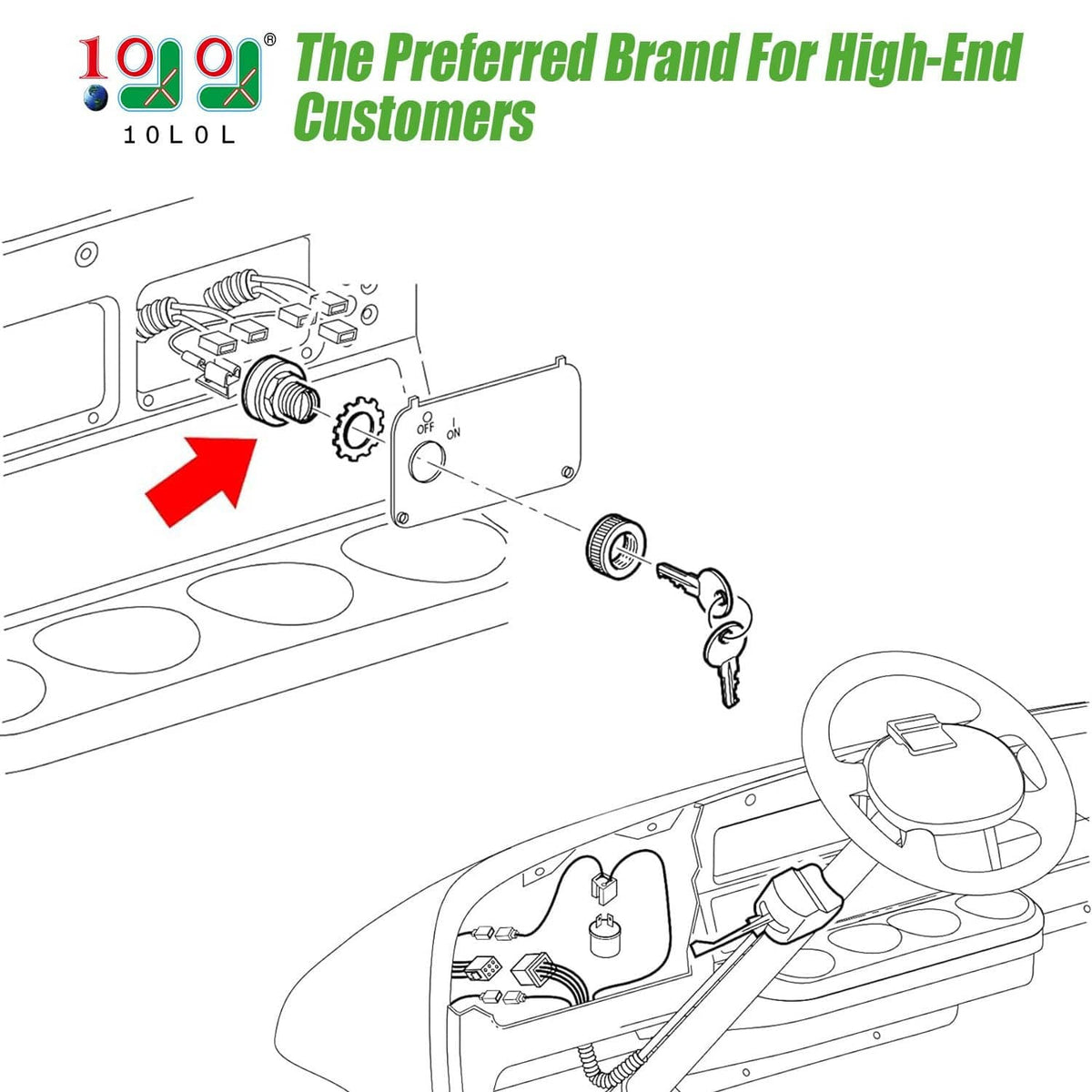 Golf cart ignition key switch installation diagram with keys shown by arrow.