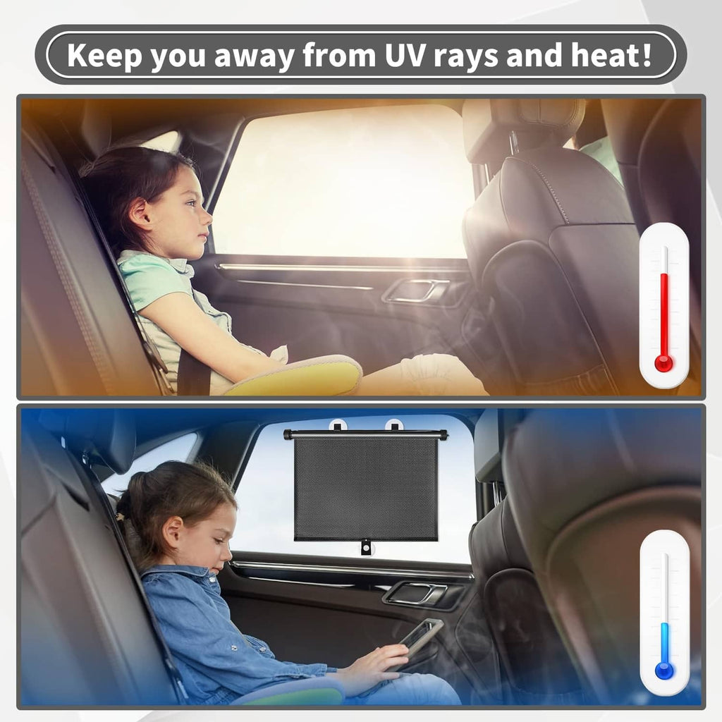 Black car window shade on side glass with mesh panel and suction cup bracket