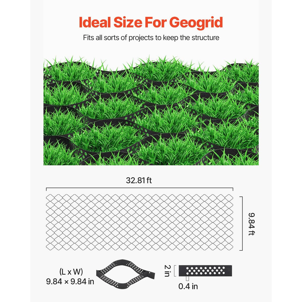 Geocell grid layout diagram with a black perforated strap sample.