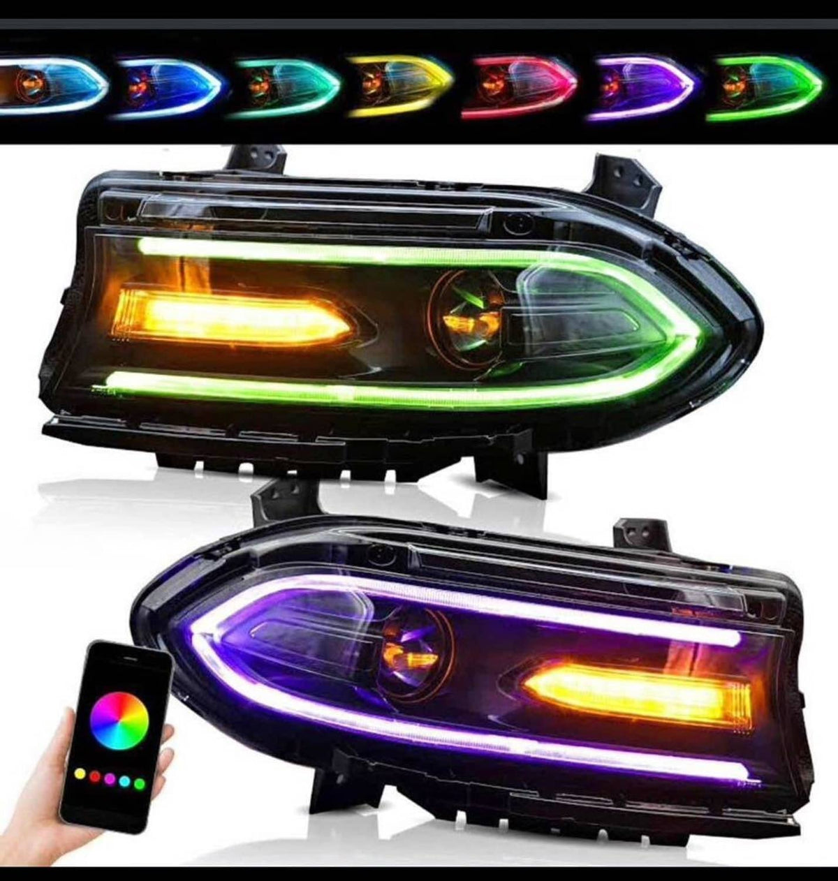 RGB LED projector headlights with colorful light bars in blue, purple, green, and orange