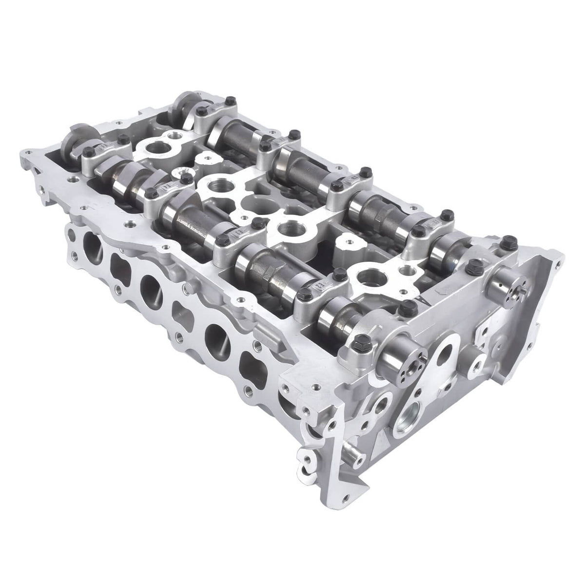 Aluminum cylinder head with camshafts, lifter bores, and row of valve holes.