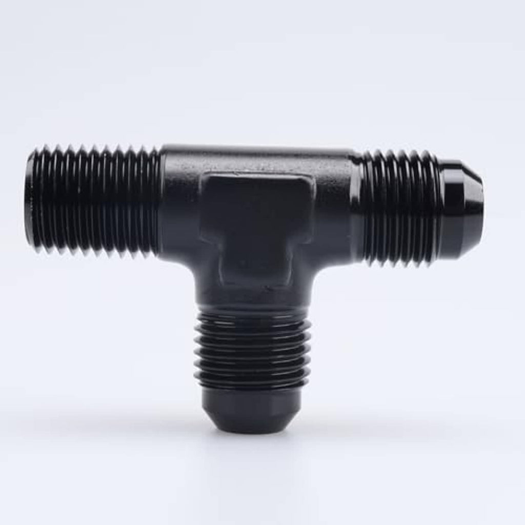 Black three-way AN male flare tee with side and bottom 1/2 NPT ports