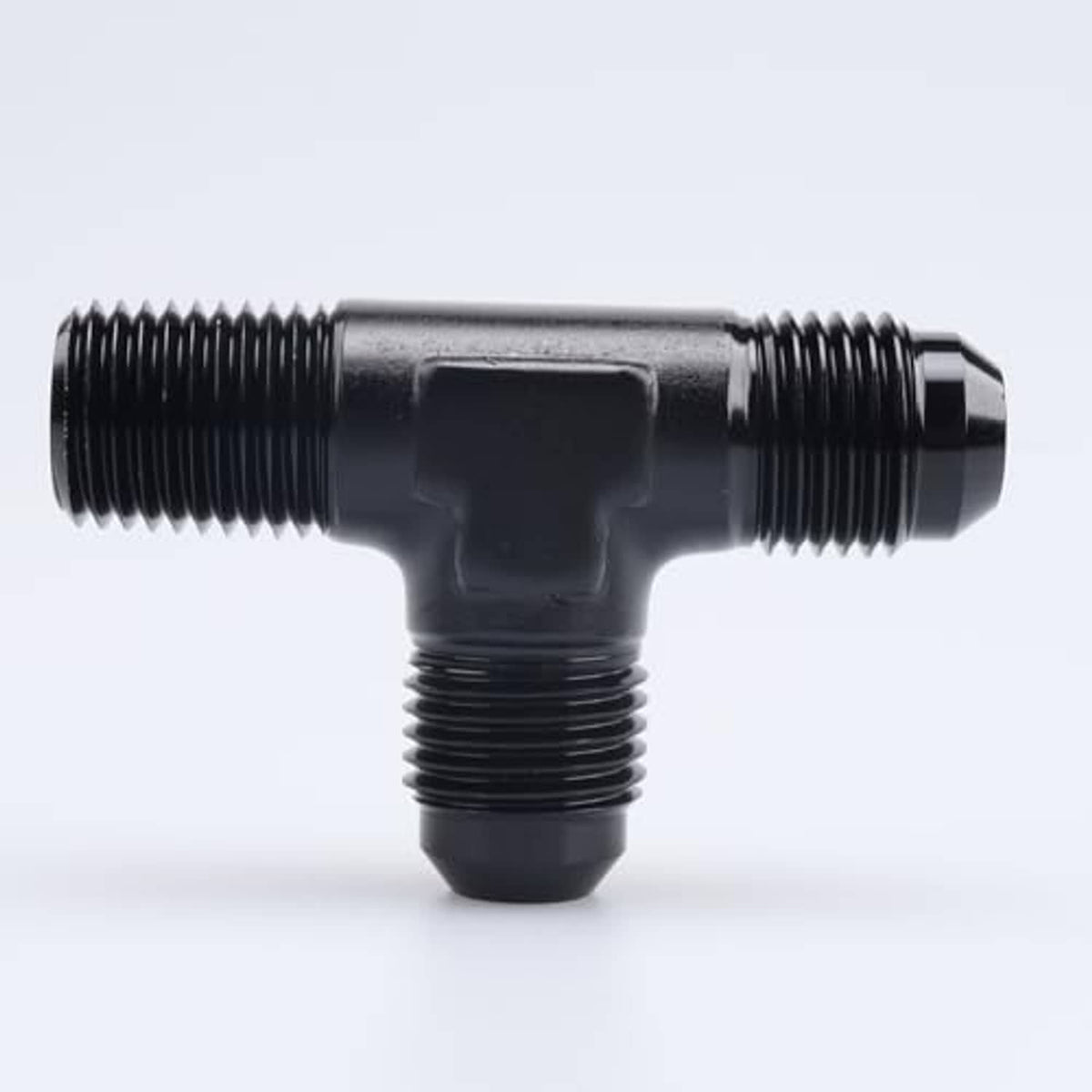Black three-way AN male flare tee with side and bottom 1/2 NPT ports