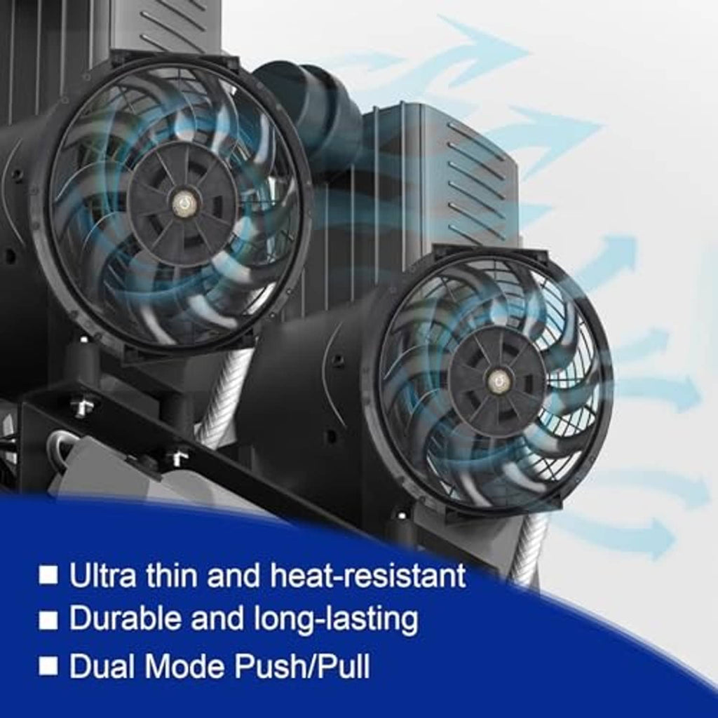 Dual fan setup for radiator cooling with two black 12-inch electric fan assemblies