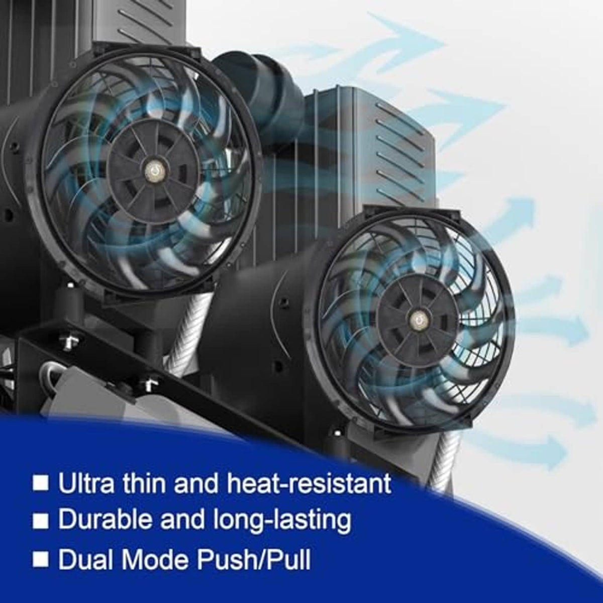 Dual fan setup for radiator cooling with two black 12-inch electric fan assemblies