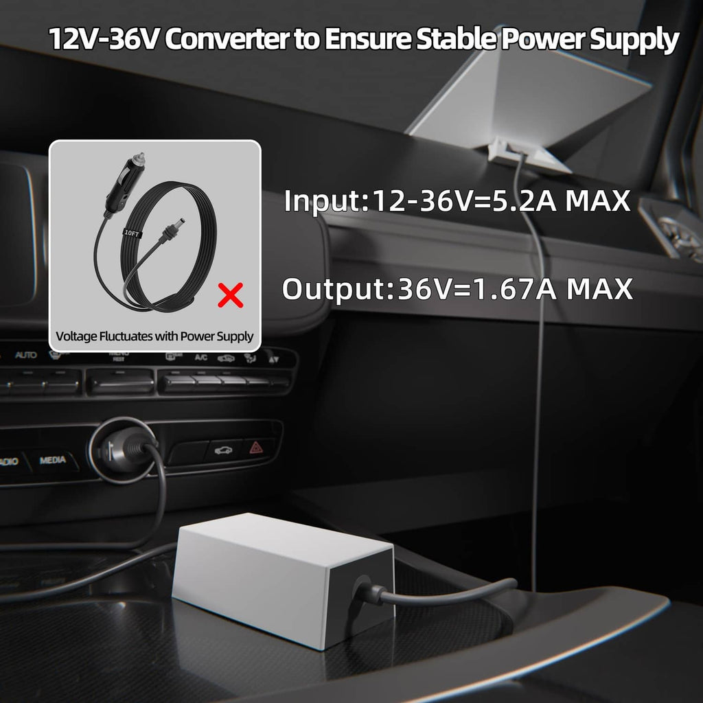 Car 12V-36V converter with white power module box and cigarette lighter plug, cabling included