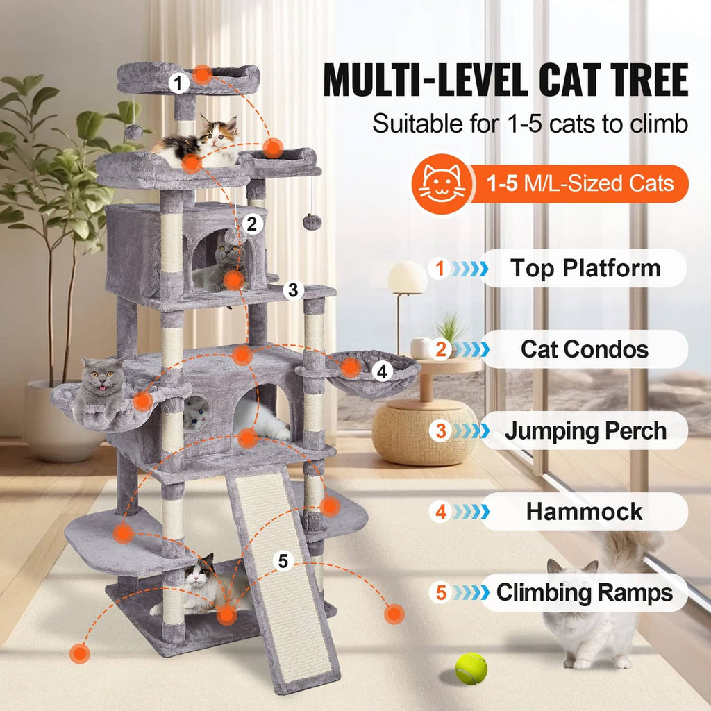 Multi-level light gray cat tower with plush condos, perches, and angled ramp
