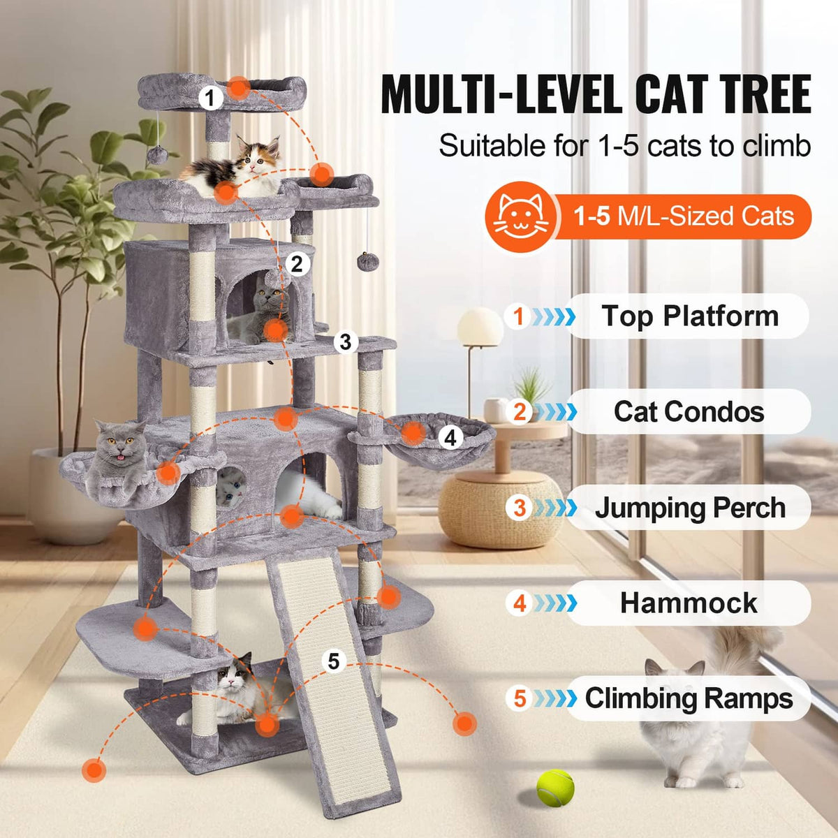 Multi-level light gray cat tower with plush condos, perches, and angled ramp