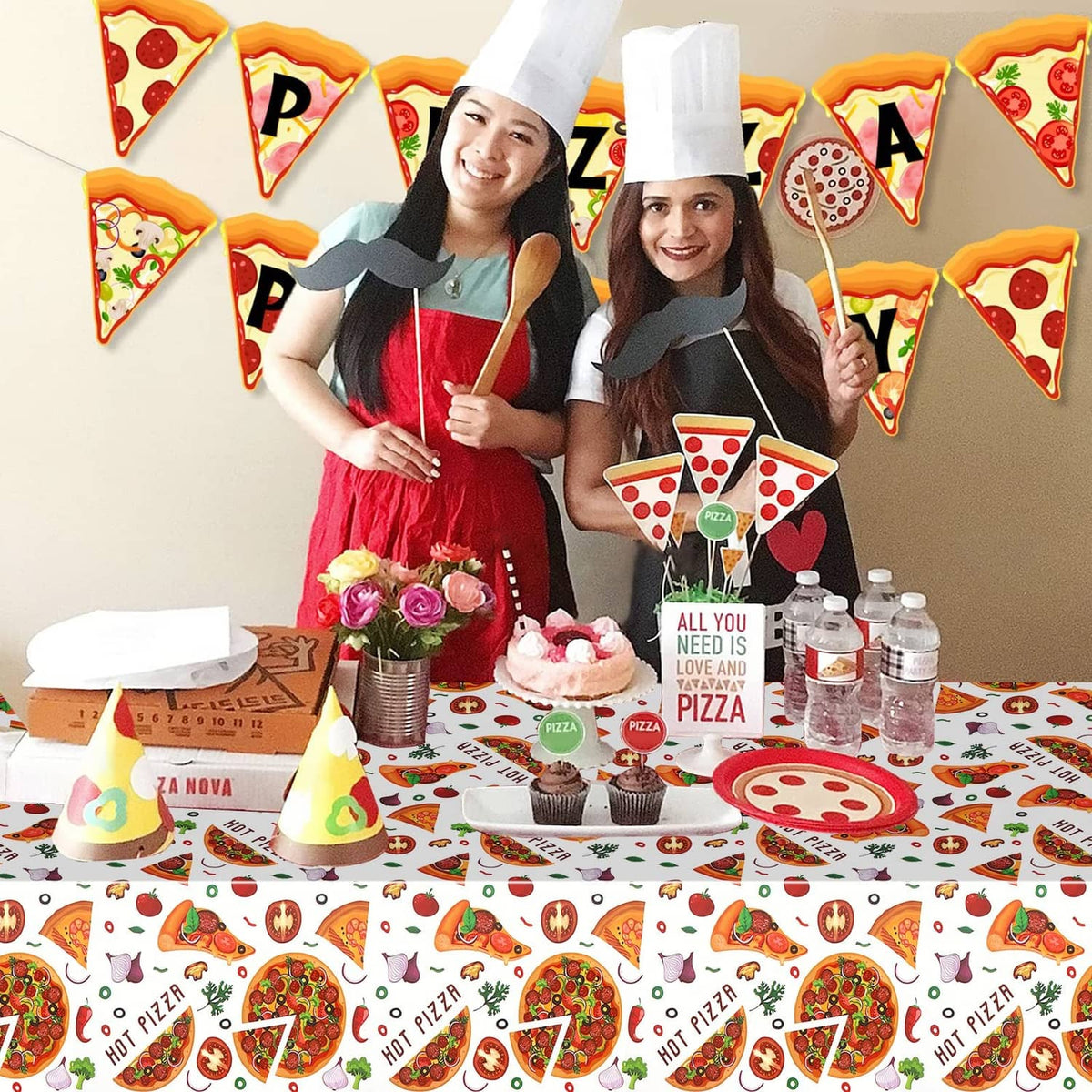 White pizza-themed tablecloth with repeating Hot Pizza slice and veggie graphics
