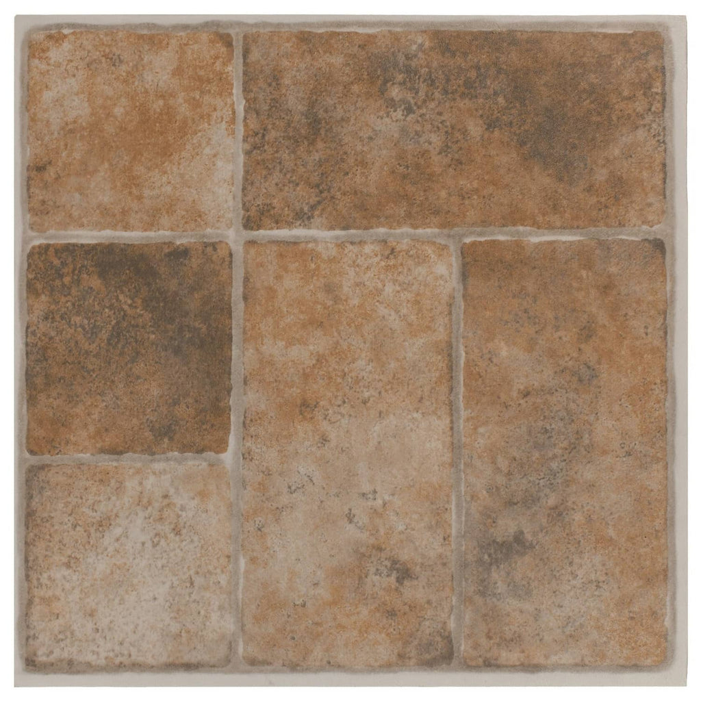 Stone-look vinyl floor tile sheet, warm brown and beige square tiles pattern