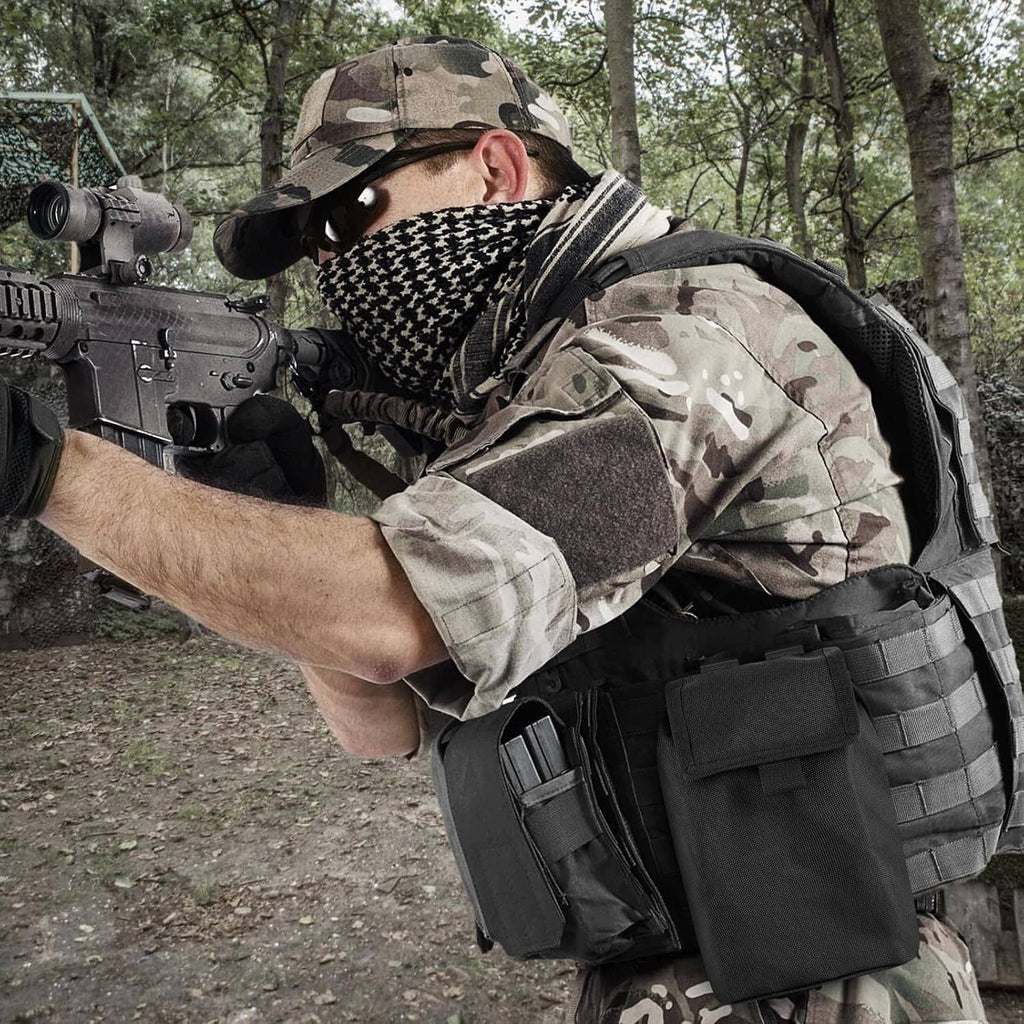 Black MOLLE dump pouch attached to tactical vest with side pocket