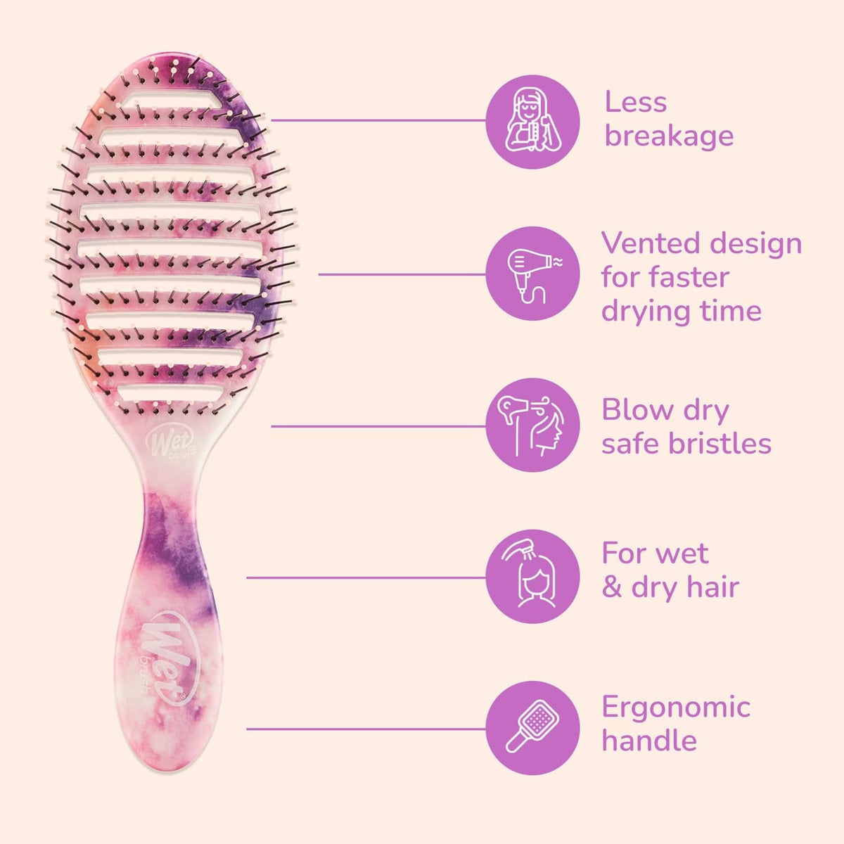 Pink vented paddle hairbrush with heat-safe bristles and ergonomic handle