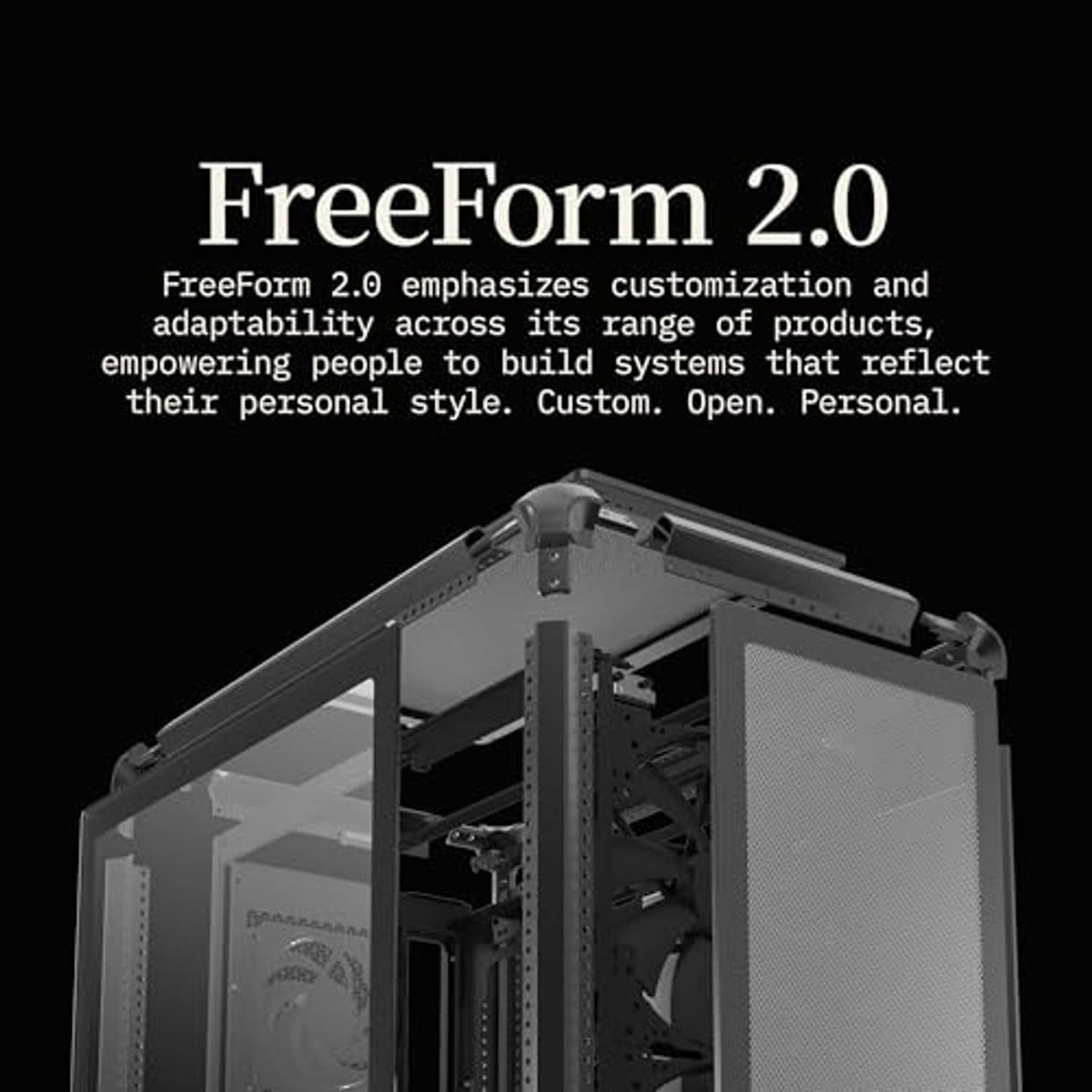 PC case open-frame design with large side window and mounting brackets