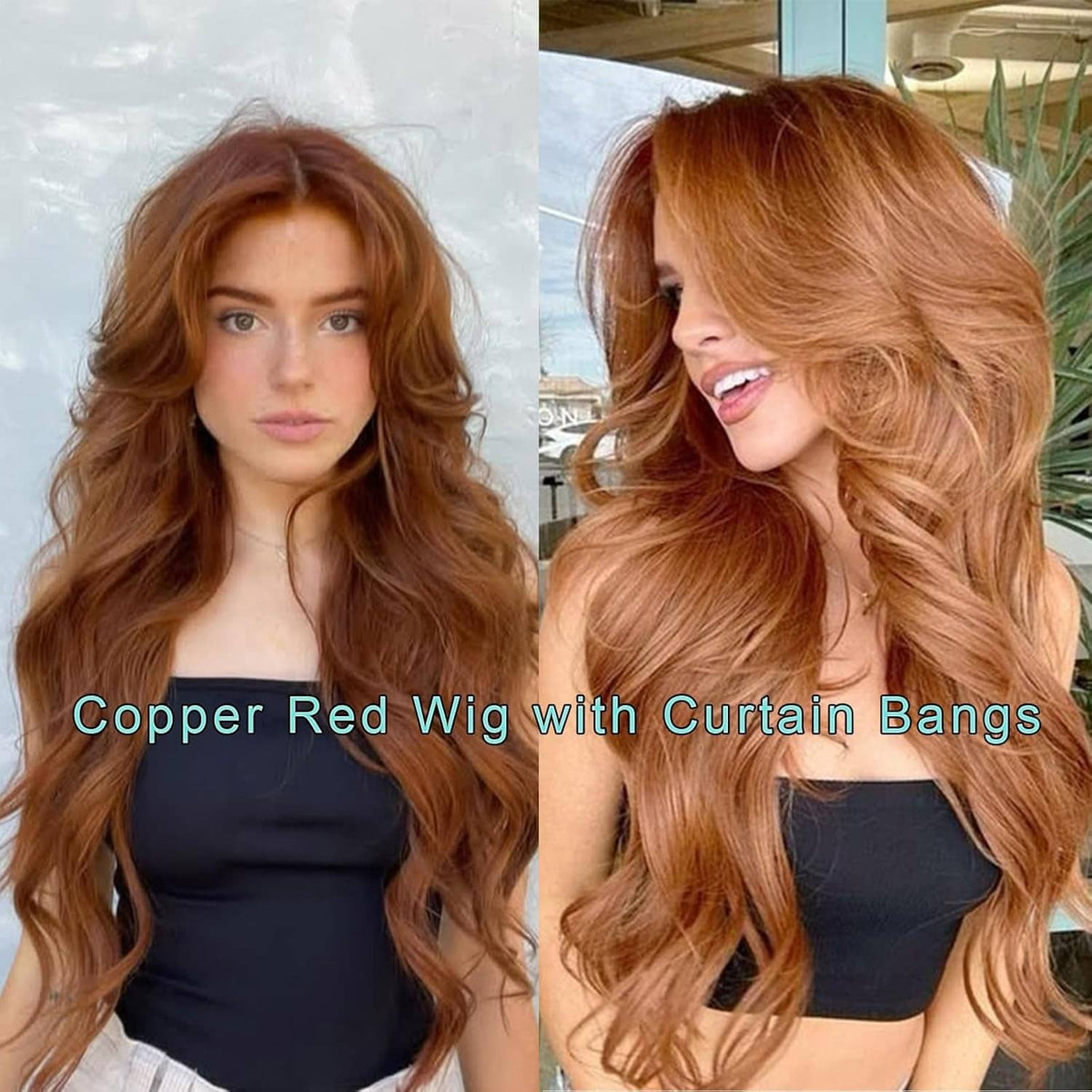 Copper red long wavy wig with curtain bangs, styled in soft layered waves