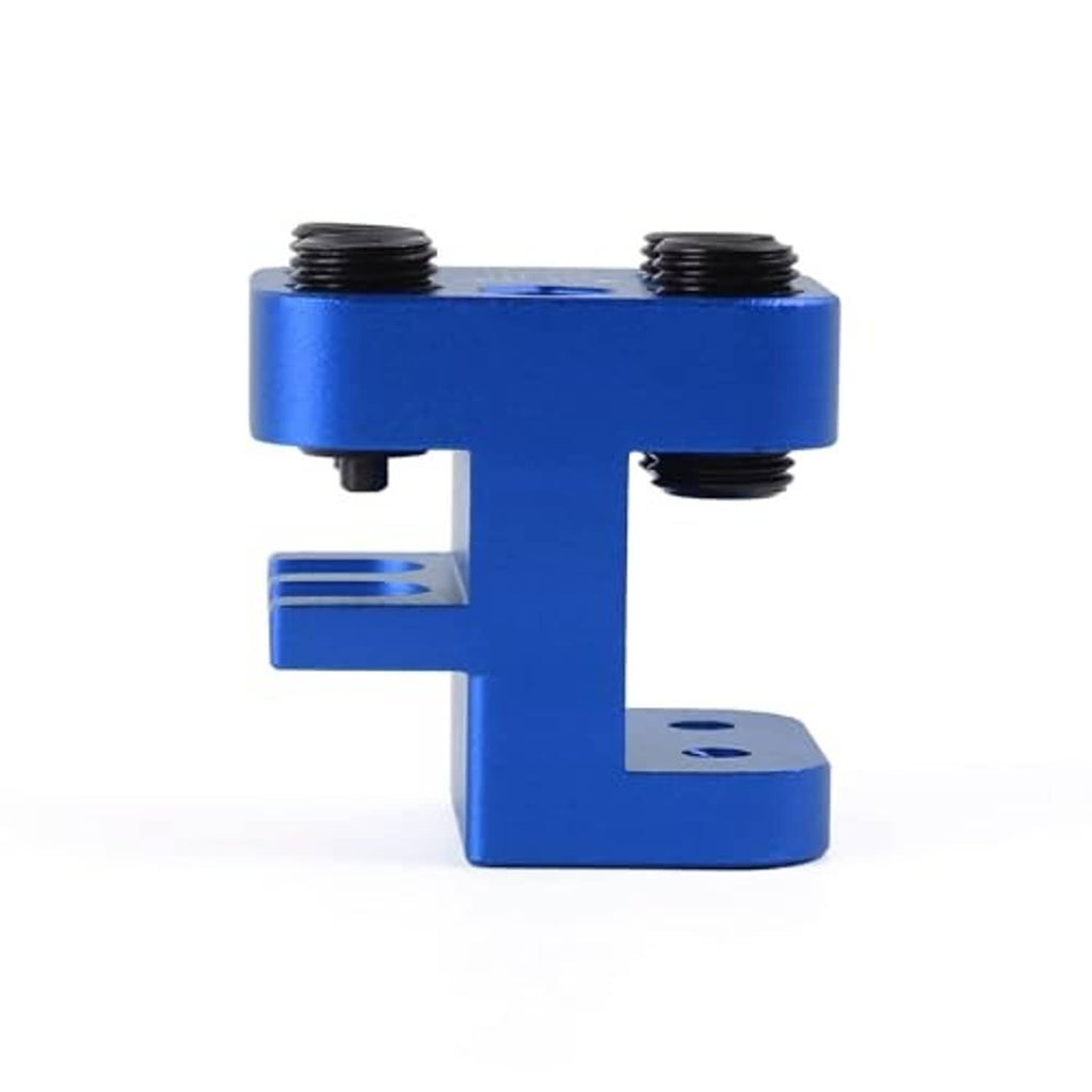 Blue chain link press tool underside view with two threaded posts and base notch
